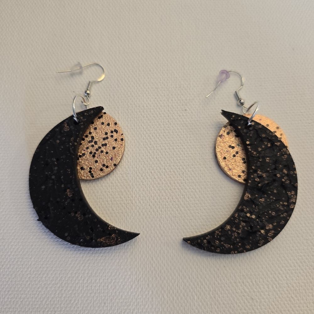 HANDCRAFTED Wood Crecent Moon Earrings HANDPAINTED Dangle Pierced Earrings - Picture 3 of 16